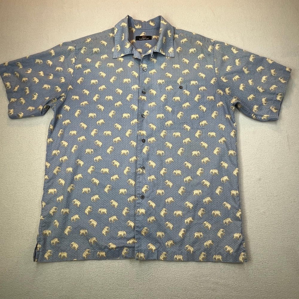 Jim Thompson Mens L Blue Elephant Print Shirt 100% Cotton Made Thailand